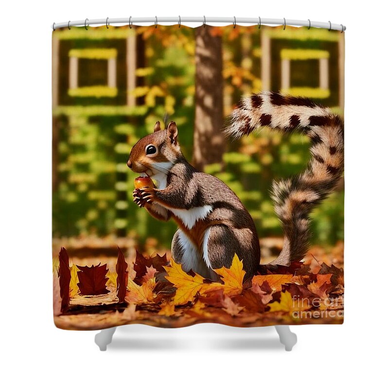 Scannable Qr Code Shower Curtain featuring the mixed media QR Code Magic - Scannable Squirrel in Autumn Forest - QR Code Reveals Inspiring Quote by Artvizual