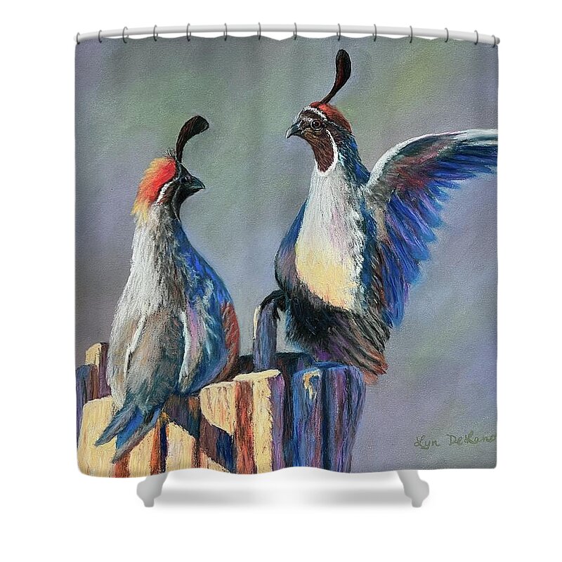Quail Shower Curtain featuring the pastel The Disagreement by Lyn DeLano