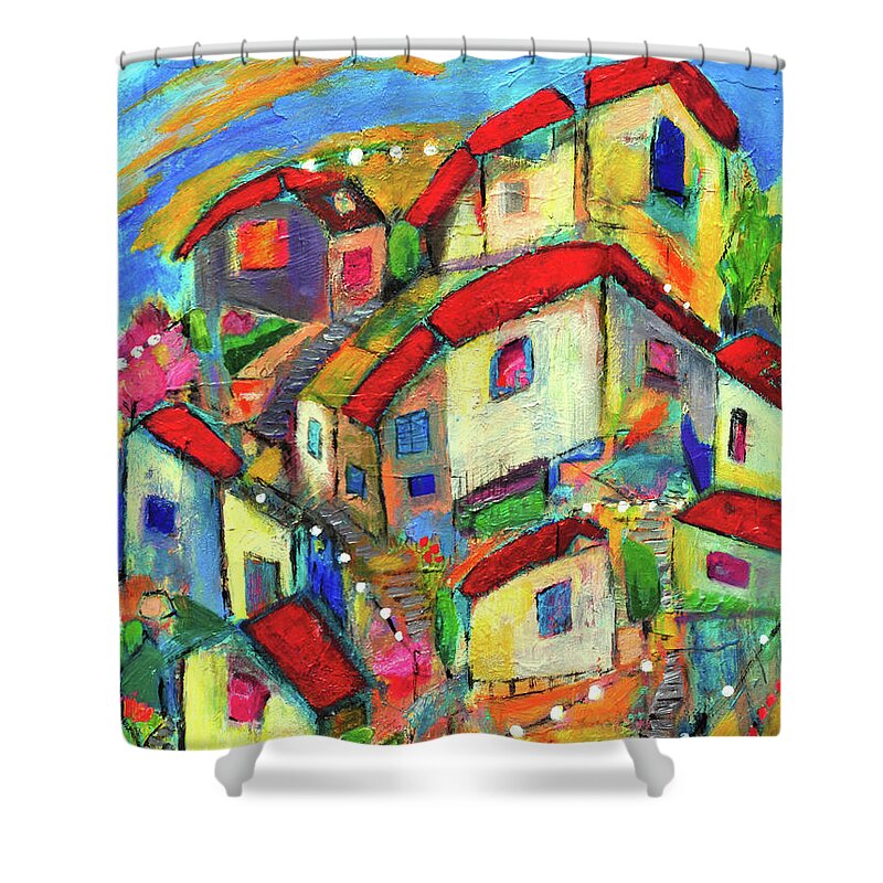 Abstract Painting Shower Curtain featuring the mixed media Lisbon by Haleh Mahbod