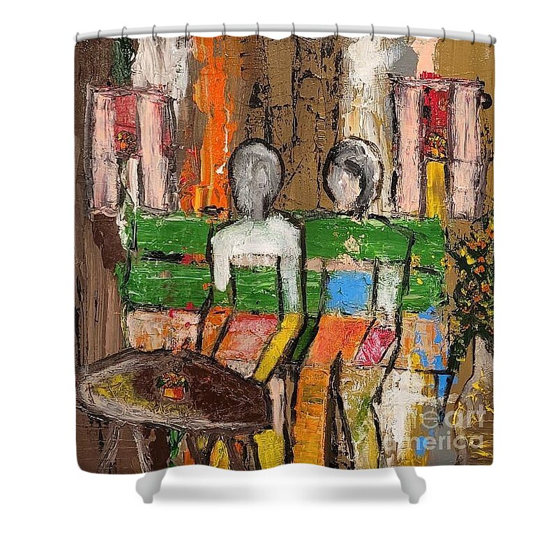  Shower Curtain featuring the painting The Quarantine Couple on the Couch by Mark SanSouci