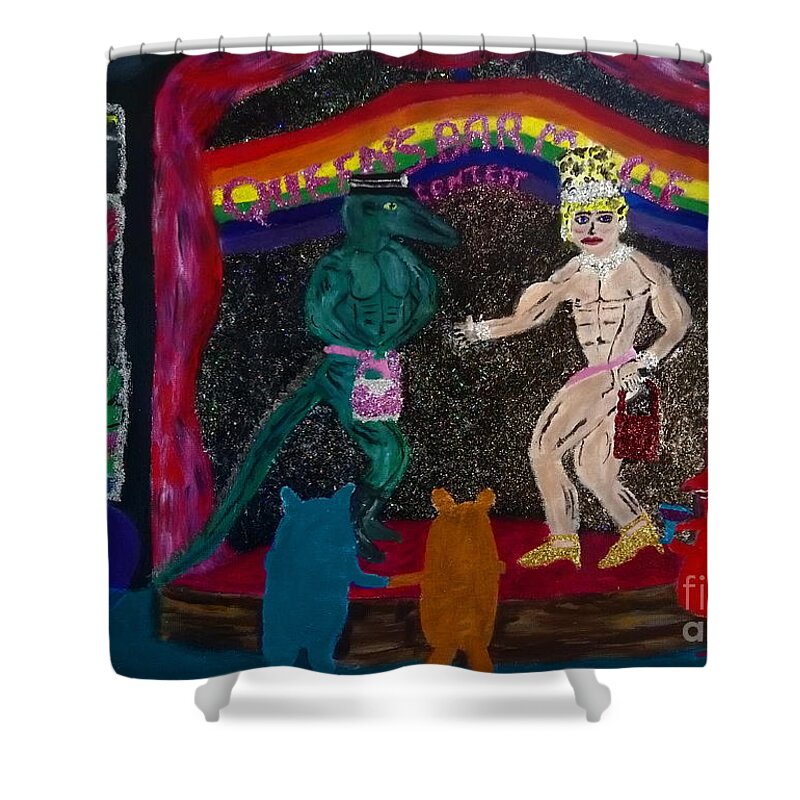 Lgbtq Shower Curtain featuring the painting Queens bar muscle contest by David Westwood