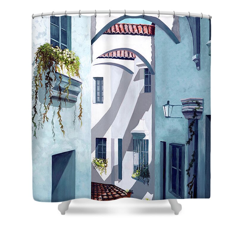 Mediterranean Theme Shower Curtain featuring the painting Quiet Quarter -prints of oil painting by Mary Grden