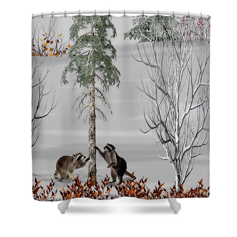 Raccoon Shower Curtain featuring the mixed media Raccoons in the Wild Winter Forest Color by David Dehner