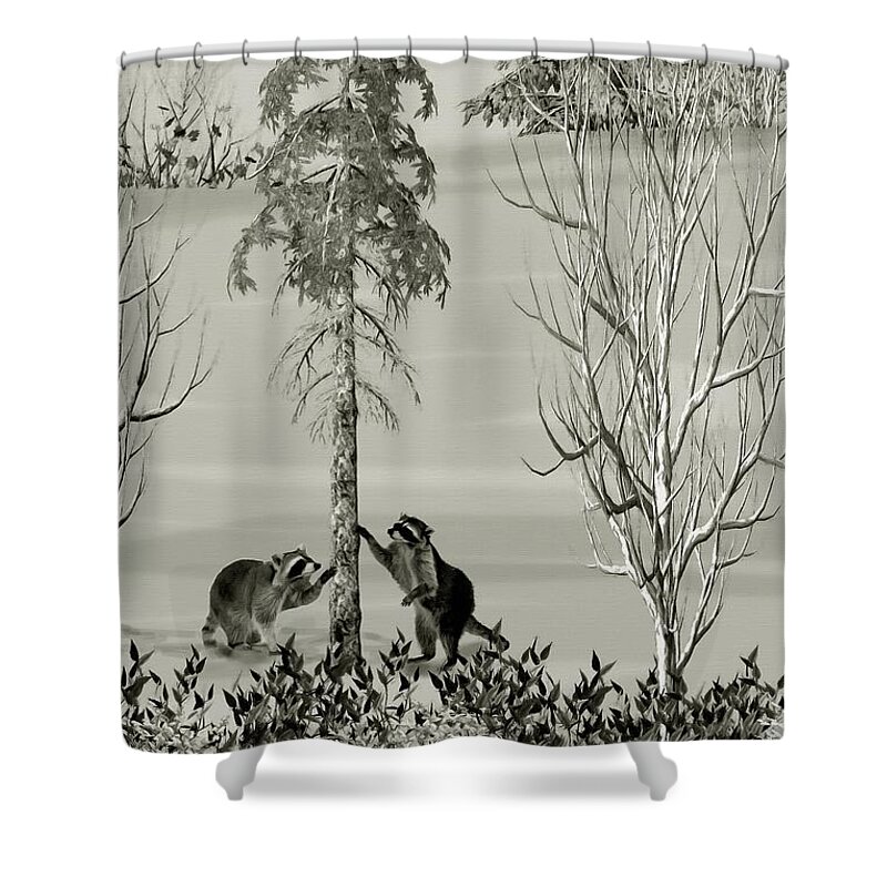 Raccoon Shower Curtain featuring the mixed media Raccoons in the Wild Winter Forest by David Dehner