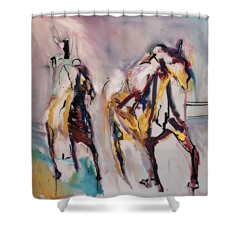 Kentucky Horse Racing Shower Curtain featuring the painting Race Perseverance by John Gholson