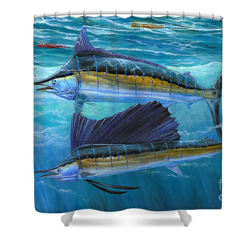 Blue Marlin Shower Curtain featuring the painting Race With Lures And Bait by Terry Fox