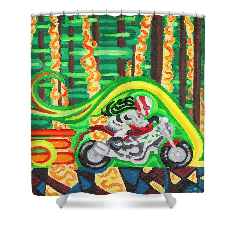 Motorcycle Shower Curtain featuring the painting Racin' by Katherine Crowley