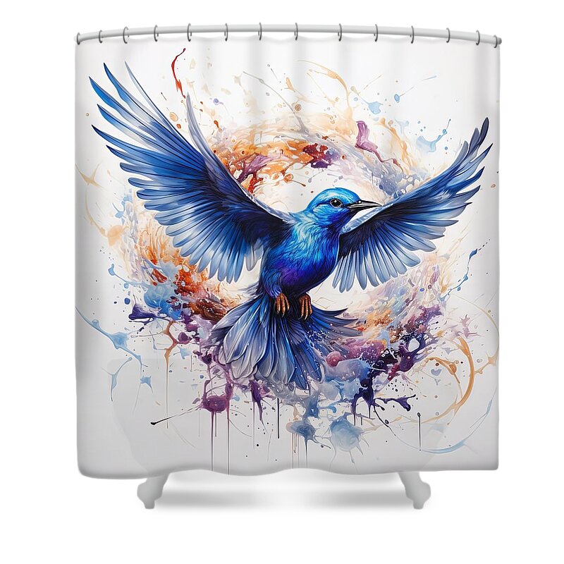 Bluebird Shower Curtain featuring the painting Radiant Orb - Bluebird Decor by Lourry Legarde