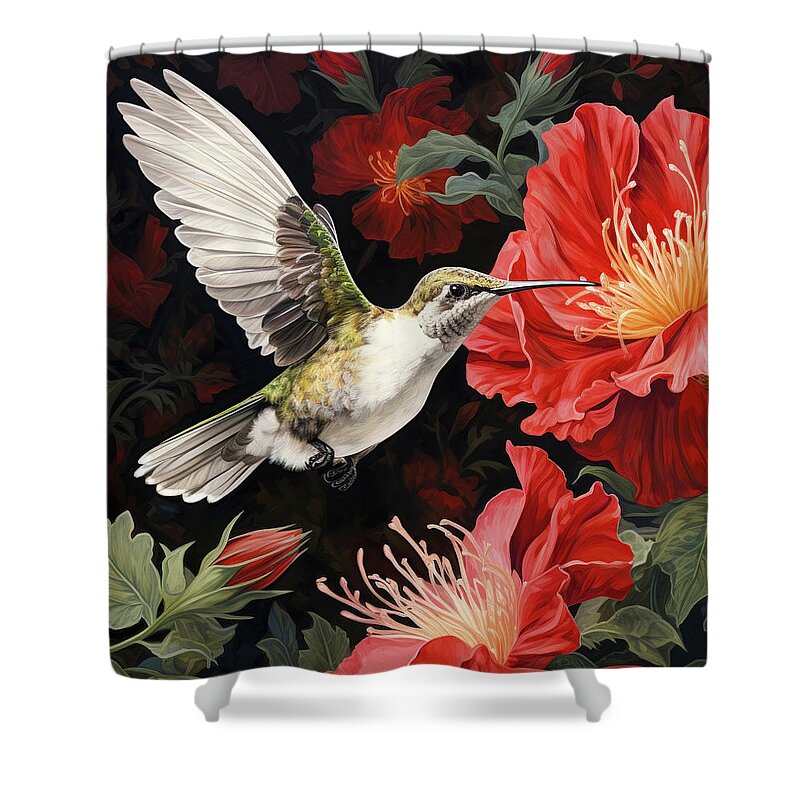 Ruby Throated Hummingbird Shower Curtain featuring the painting Radiant Ruby by Tina LeCour