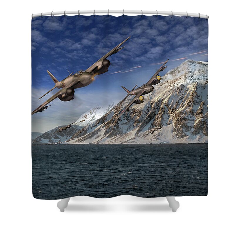 143 Squadron Shower Curtain featuring the photograph RAF Mosquitos in Norway fjord attack by Gary Eason
