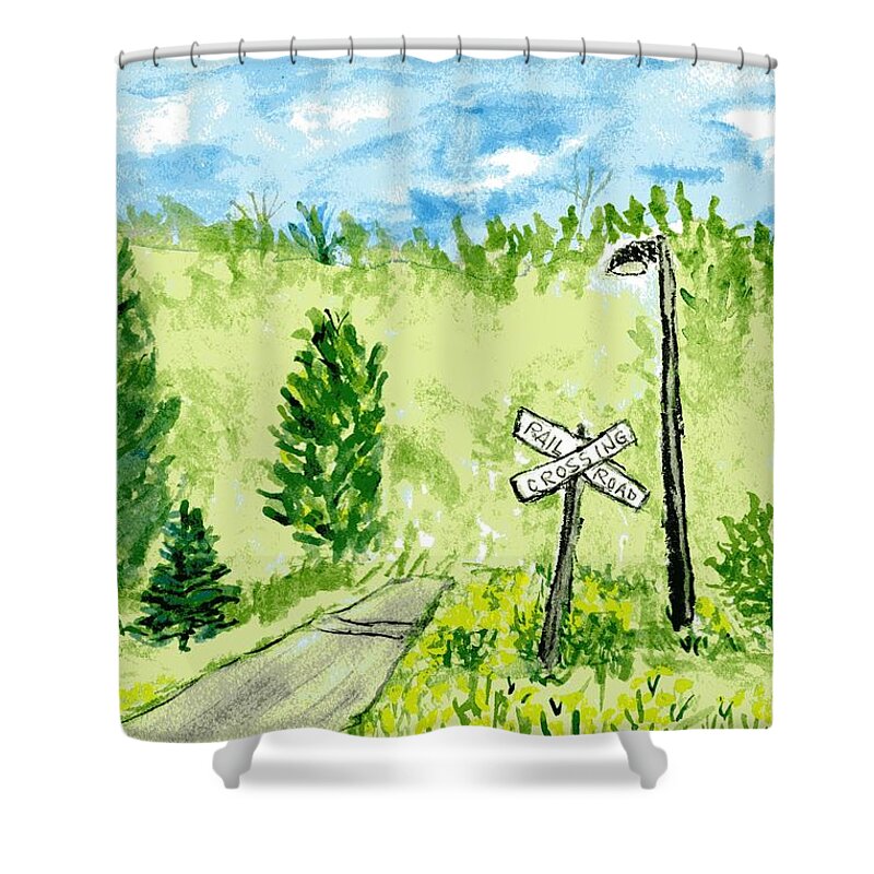 Railroad Shower Curtain featuring the painting Railroad Crossing by Branwen Drew