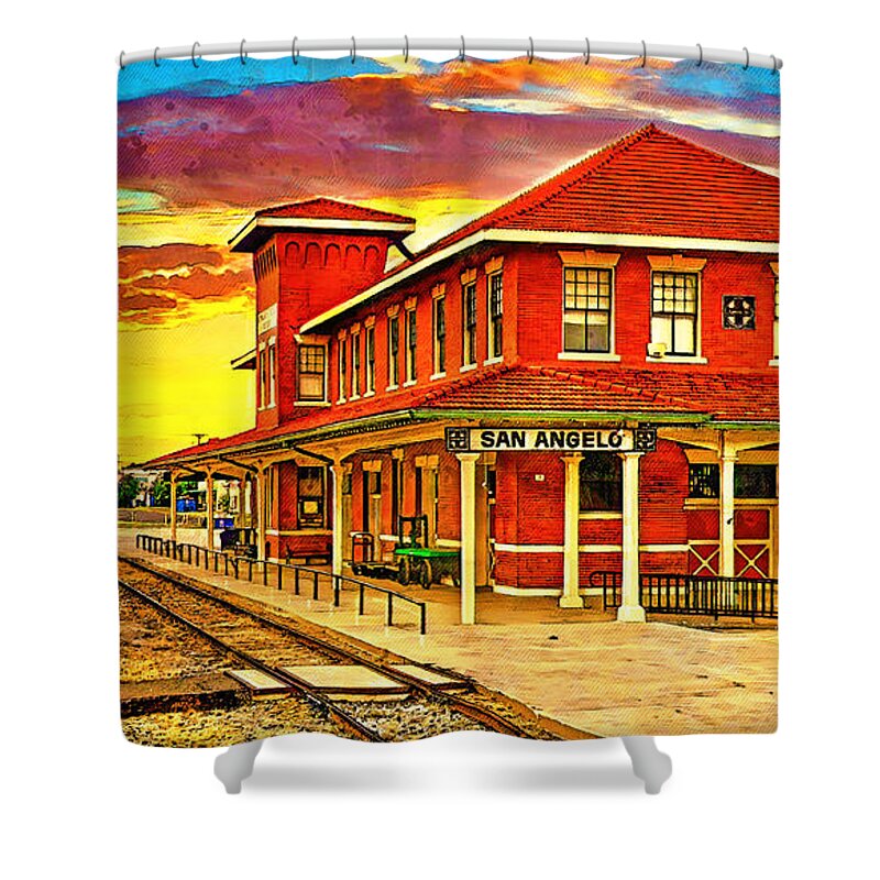 Railway Museum Shower Curtain featuring the digital art Railway Museum of San Angelo, Texas, at sunset - digital painting by Nicko Prints