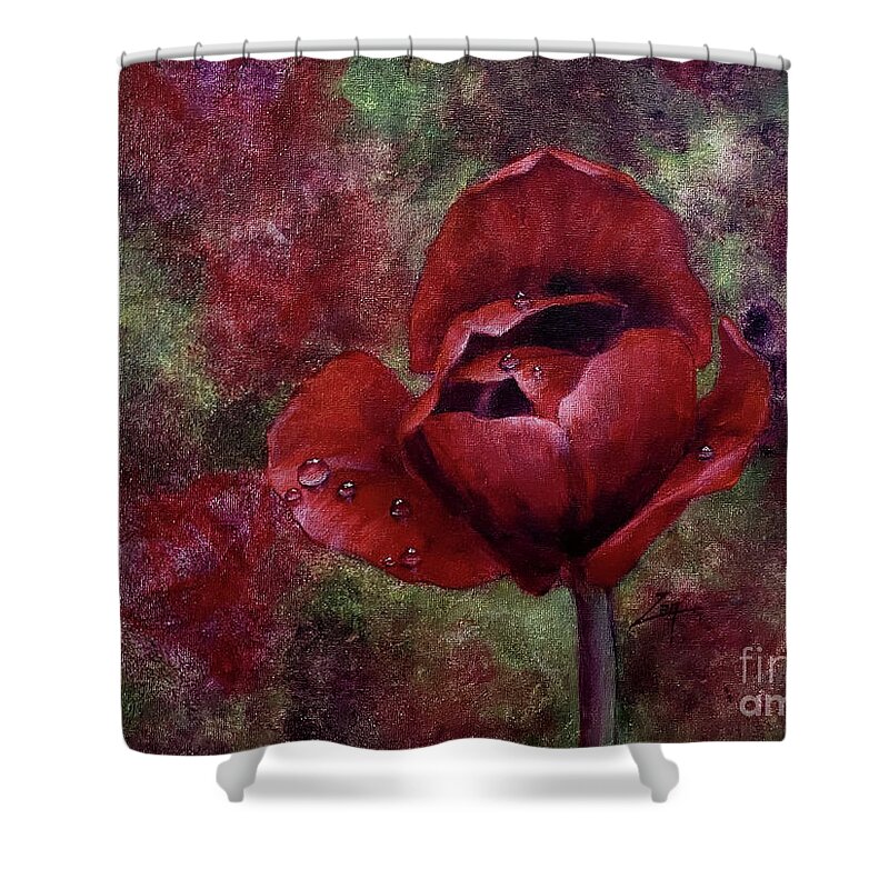 ​bloom Shower Curtain featuring the ceramic art Rain Kissed Tulip by Zan Savage