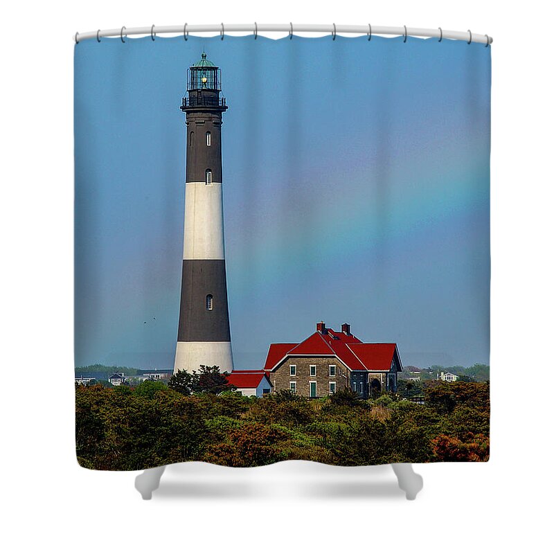 Lighthouse Shower Curtain featuring the photograph Rainbow At The Lighthouse by Cathy Kovarik