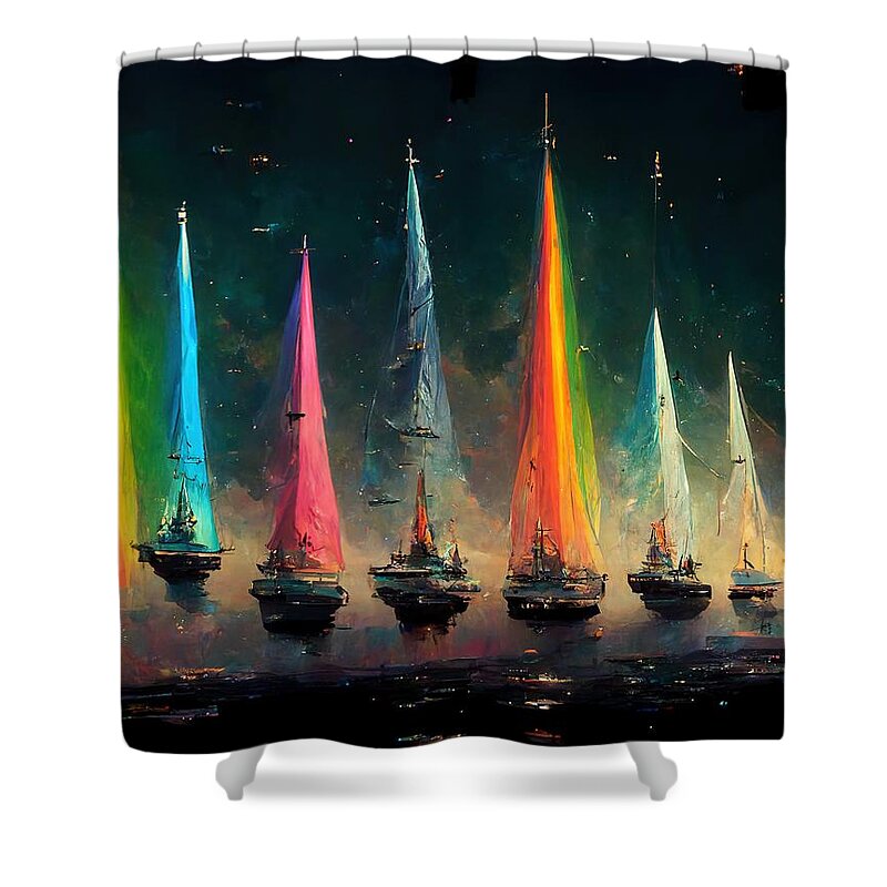 Sailing Shower Curtain featuring the digital art Rainbow Fleet by Nickleen Mosher