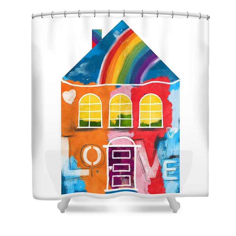 House Shower Curtain featuring the mixed media Rainbow House- Art by Linda Woods by Linda Woods