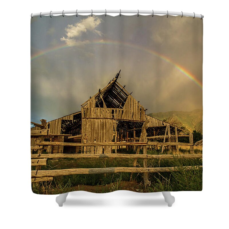 Barn Shower Curtain featuring the photograph Rainbow over Mapleton Barn by Wesley Aston