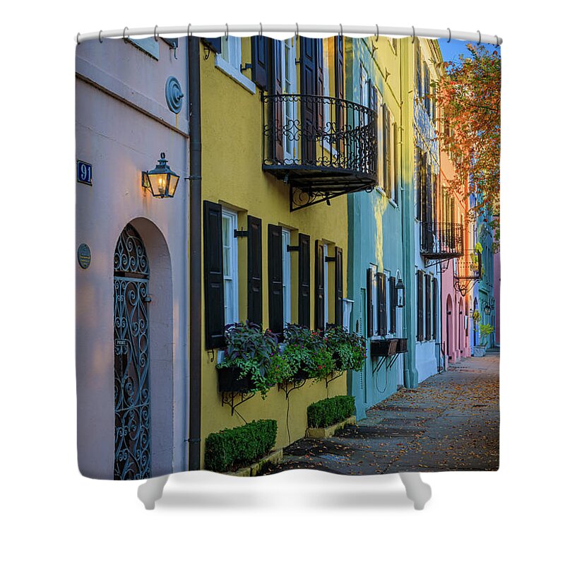 America Shower Curtain featuring the photograph Rainbow Row Morning by Inge Johnsson