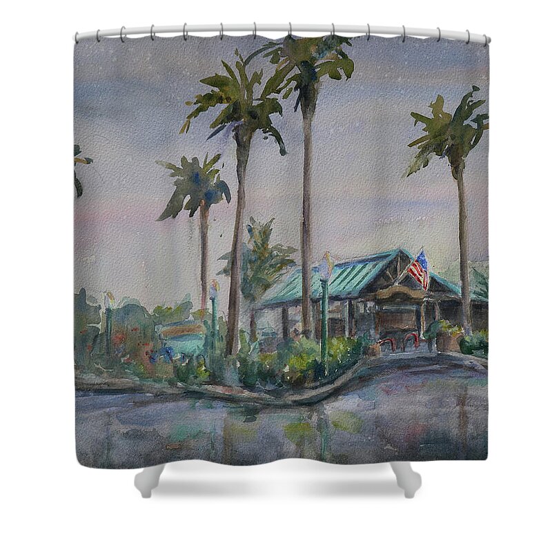 Shadowbrook Restaurant Shower Curtain featuring the painting Raining Day at Shadowbrook Restaurant Capitola by Xueling Zou