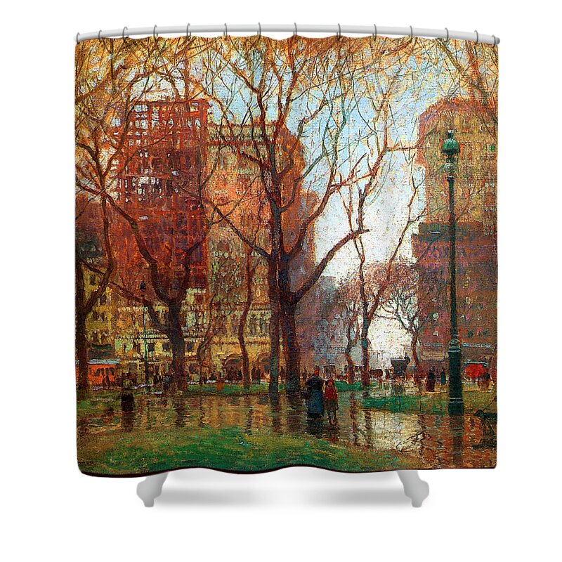 Cornoyer Shower Curtain featuring the painting Rainy Day Madison Square New York 1907 by Paul Cornoyer