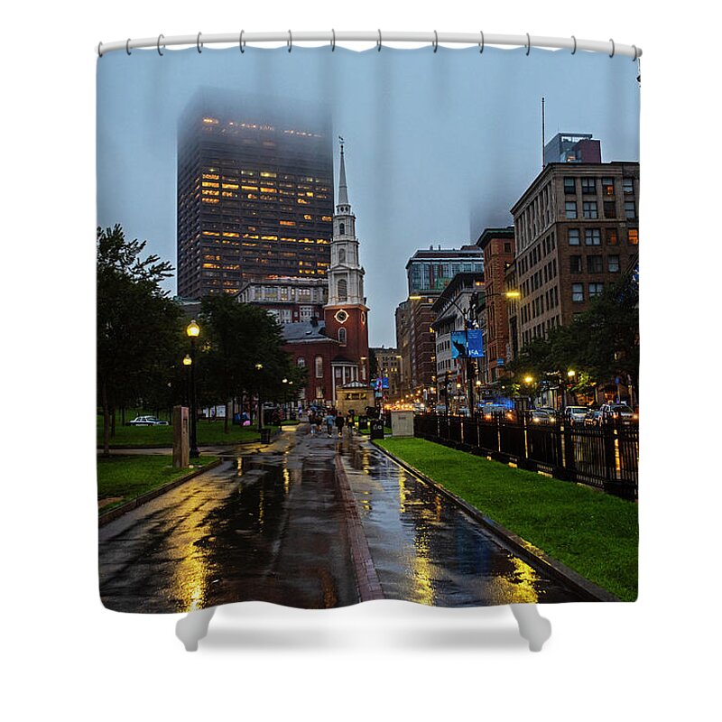 Boston Shower Curtain featuring the photograph Rainy Day on the Boston Common Boston MA Tremont Street Park Street Church by Toby McGuire