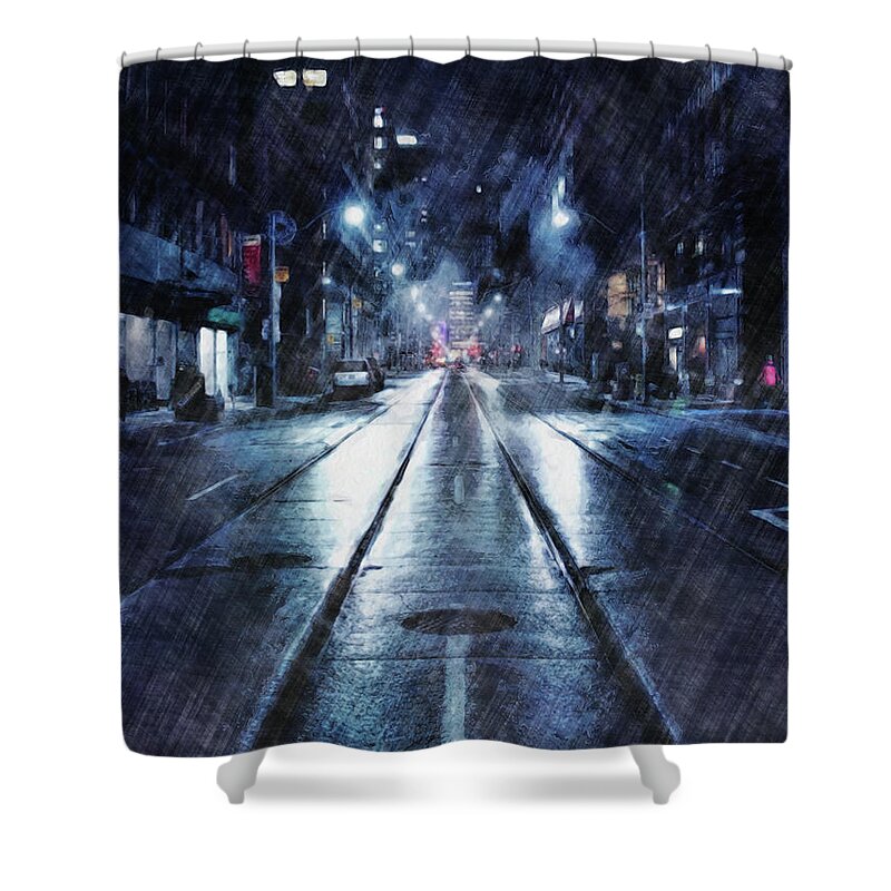 Weather Shower Curtain featuring the digital art Rainy Night Downtown by Phil Perkins