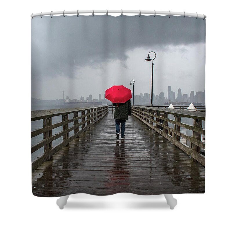 Seattle Shower Curtain featuring the photograph Rainy Seattle And A Red Umbrella by Matt McDonald