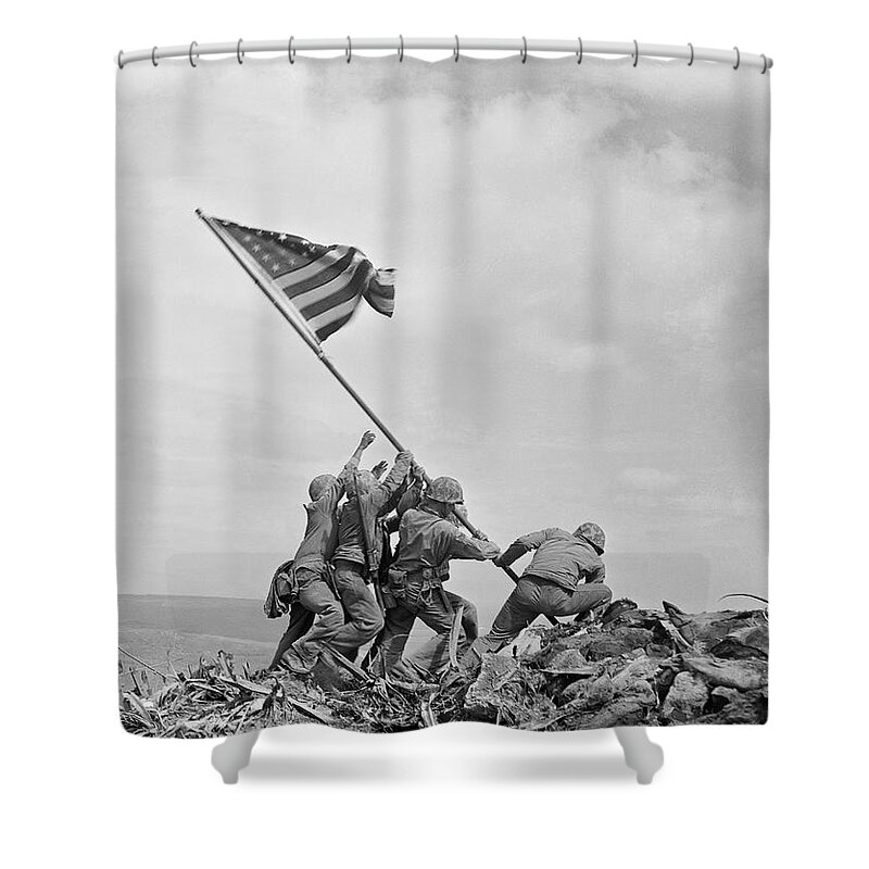Iwo Jima Shower Curtain featuring the photograph Raising the Flag on Iwo Jima - WW2 - 1945 by War Is Hell Store