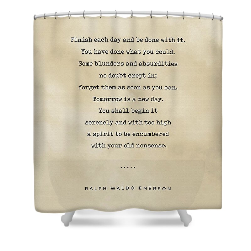 Ralph Waldo Emerson Quote Shower Curtain featuring the mixed media Ralph Waldo Emerson Quote 01 - Typewriter quote on Old Paper - Literary Poster - Book Lover Gifts by Studio Grafiikka