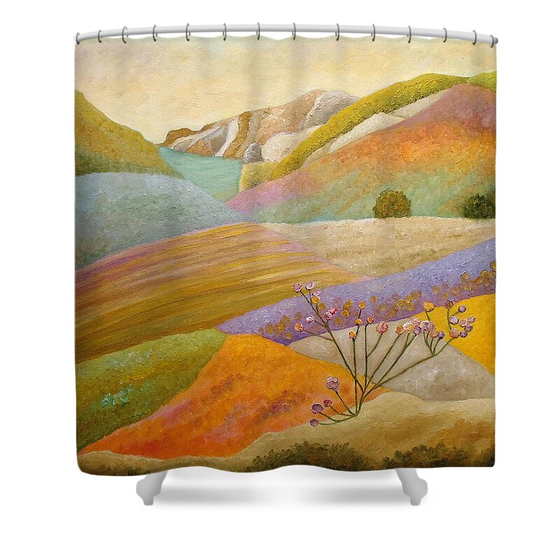 Seascape Shower Curtain featuring the painting Rambling Through The Blooming Valley by Angeles M Pomata