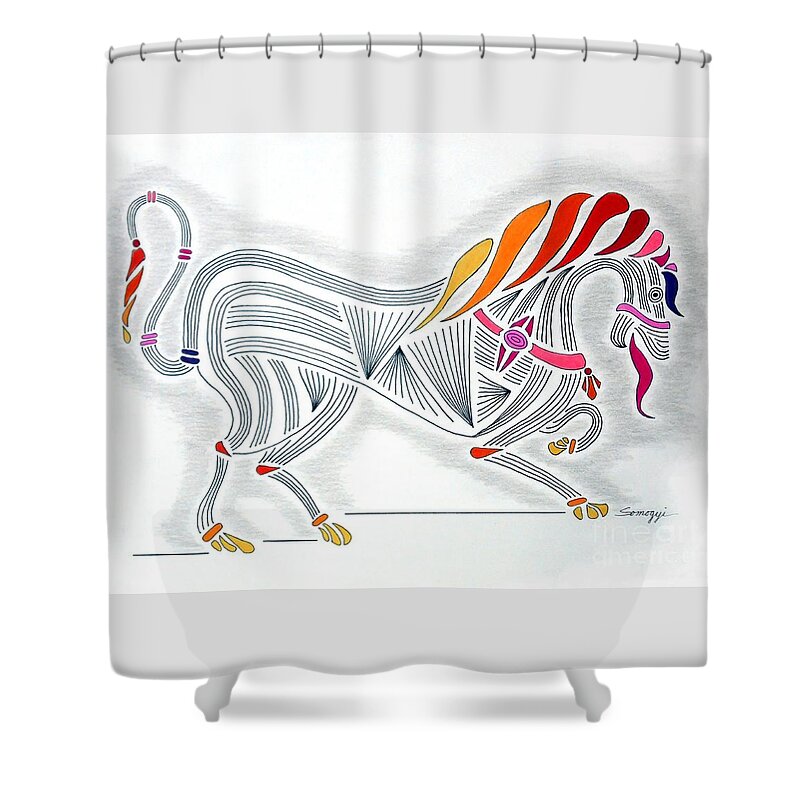 Horse Shower Curtain featuring the drawing Rarin' to Go -- Stylized Medieval Prancing Horse w/ Rainbow Mane by Jayne Somogy