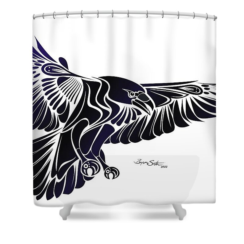 Raven Shower Curtain featuring the digital art Raven Flight by Bryan Smith