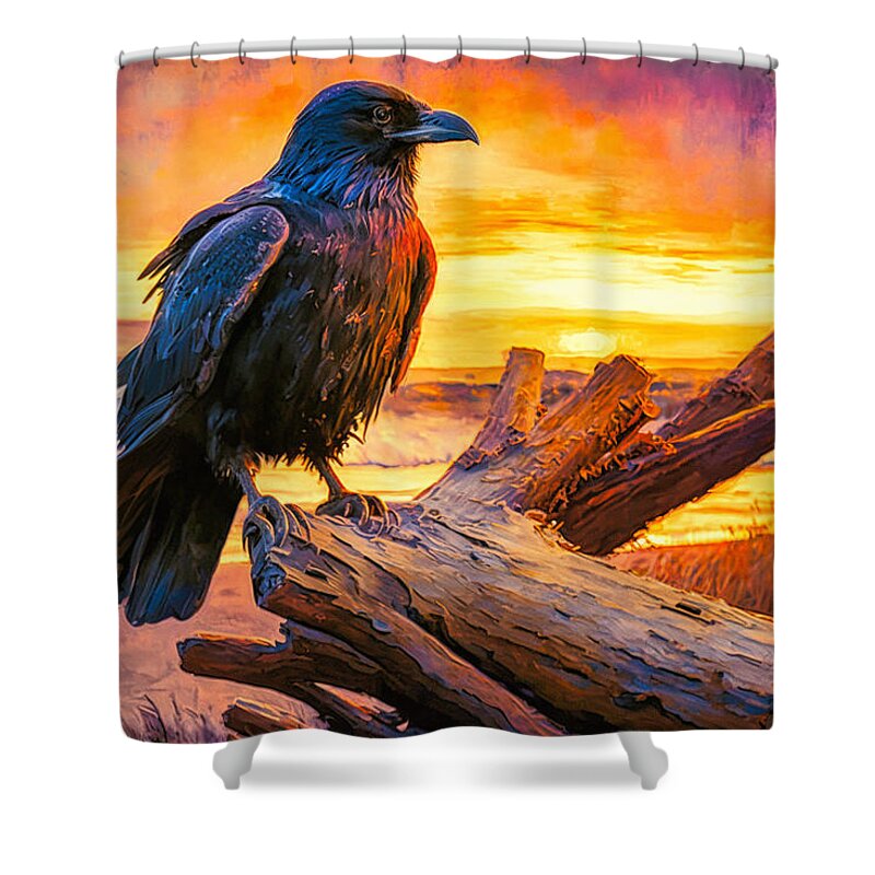 Abstract Shower Curtain featuring the digital art Raven on Driftwood by Craig Boehman
