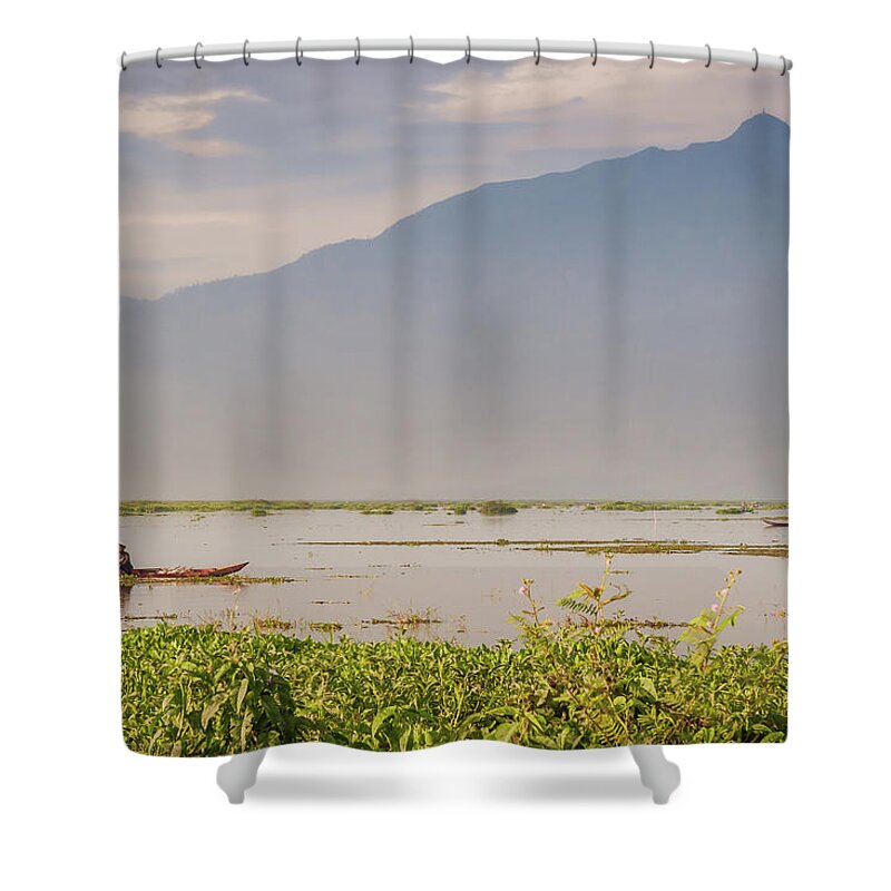 Indonesia Shower Curtain featuring the photograph Rawapening lake in Central Java with mist in the distance by Anges Van der Logt
