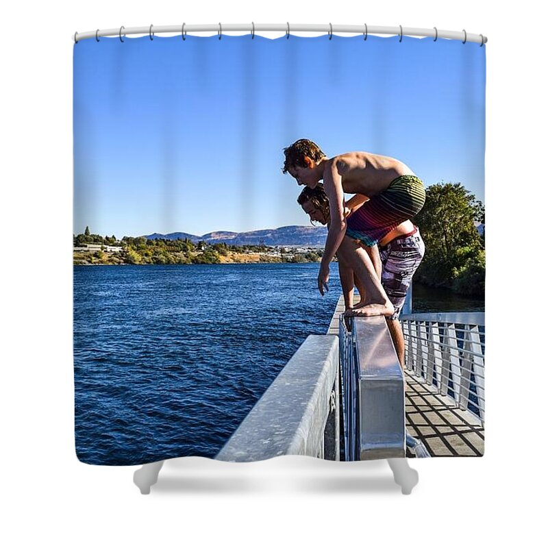Ready Set Jump 2 Shower Curtain featuring the photograph Ready Set Jump 2 by Tom Cochran
