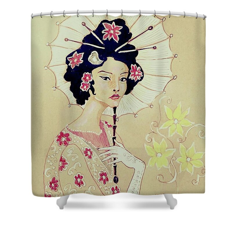 Geisha Shower Curtain featuring the drawing Real beauty by Lana Sylber