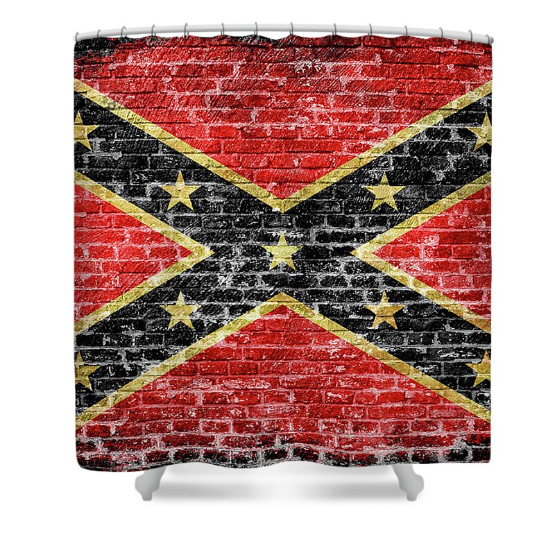 Rebel Flag On Red Brick Shower Curtain featuring the digital art Rebel Flag On Red Brick by Randy Steele
