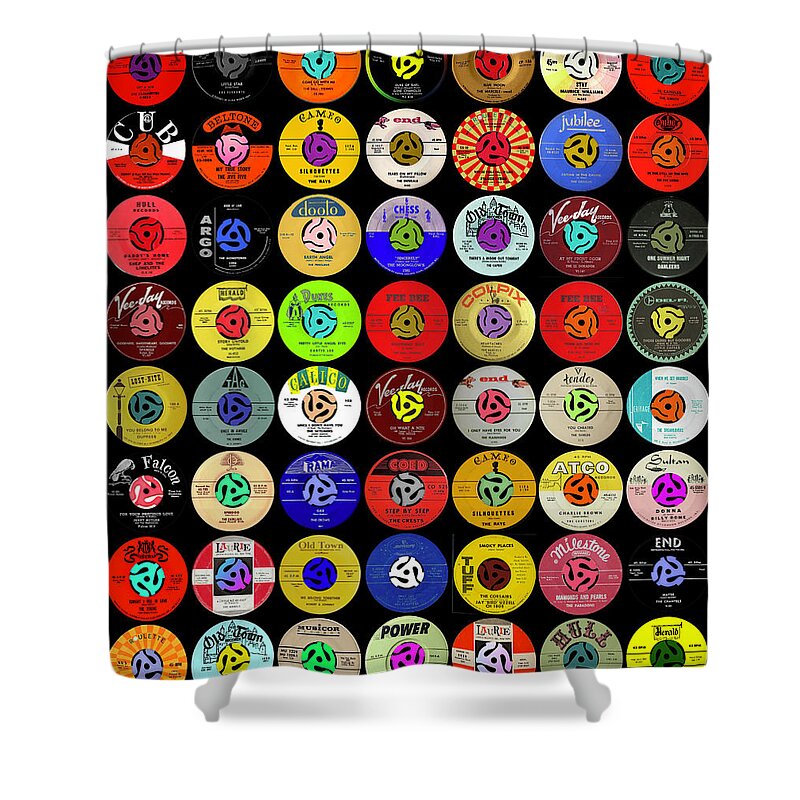 Album Covers Shower Curtain featuring the mixed media Record Lables of the Doo Wop Generation by Pheasant Run Gallery