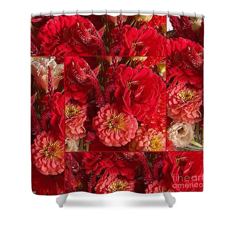 Red Flower Bouquet Shower Curtain featuring the photograph Red and Coral Flowers Collage with Red Border by Carol Groenen