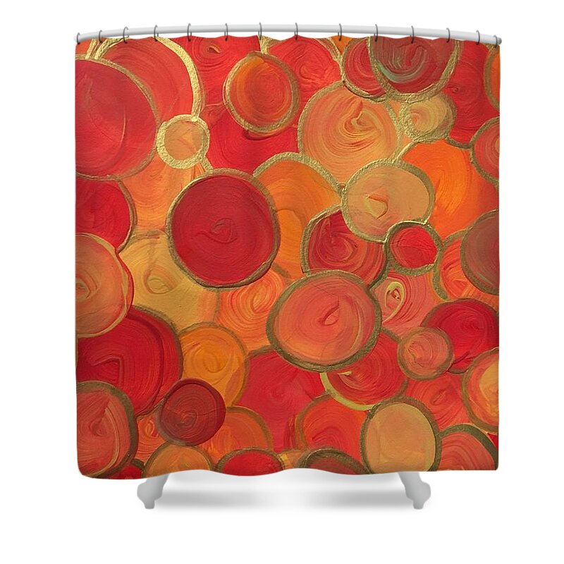 Abstract Shower Curtain featuring the painting Red and Gold Bubbles by Debora Sanders