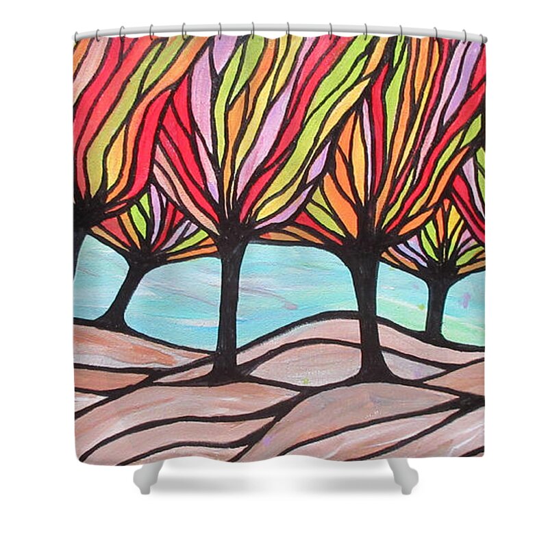 Trees Landscape Woods Forest Abstract Orange Red Lobby Decor Bag Cushion Pillow Mask Shower Curtain featuring the painting Red And Orange Tree Stand by Bradley Boug
