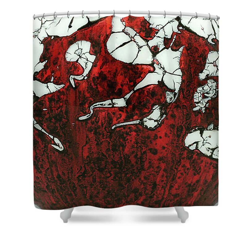 Red Shower Curtain featuring the mixed media Red and White Glass Bowl by Christopher Schranck