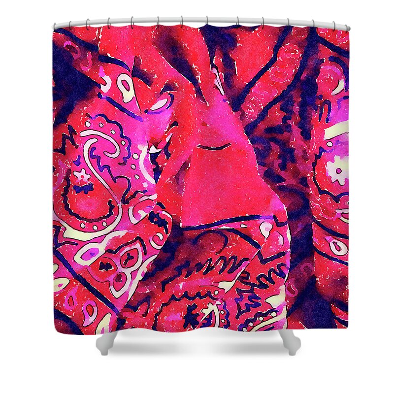 Red Shower Curtain featuring the mixed media Red Bandana Abstract Watercolor Painting by Shelli Fitzpatrick