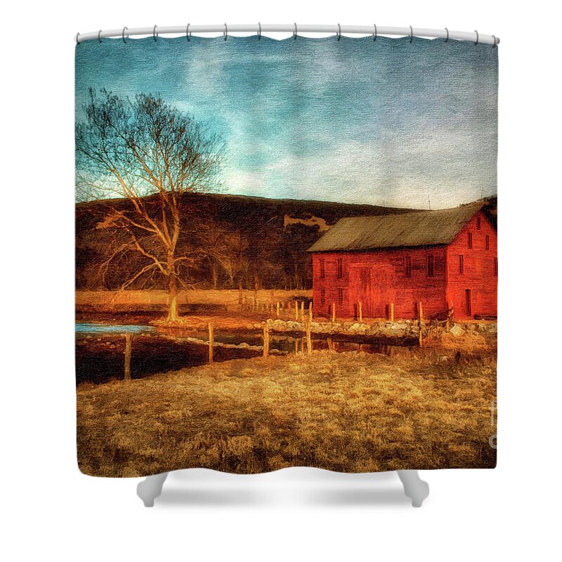 Barn Shower Curtain featuring the photograph Red Barn At Twilight by Lois Bryan