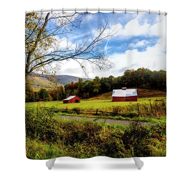 Barns Shower Curtain featuring the photograph Red Barns Farm Creeper Trail in Autumn Fall Colors Damascus Virg by Debra and Dave Vanderlaan