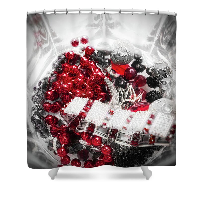 Red Beads Shower Curtain featuring the photograph Red Beads 06 by Sharon Popek