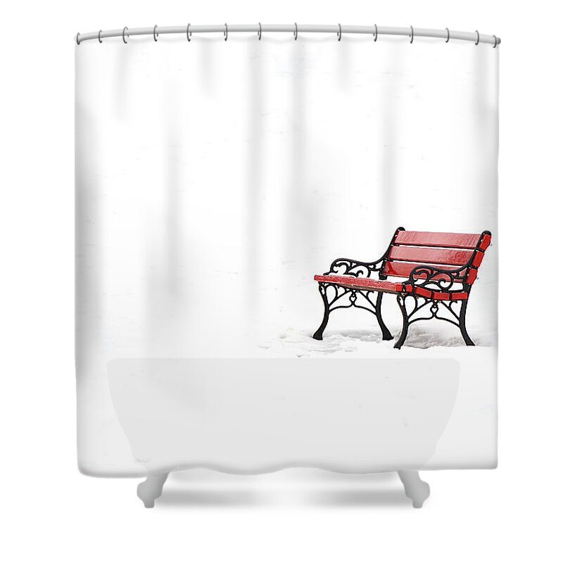 Red Bench In Snow Shower Curtain featuring the photograph Red Bench in Snow by Richard Reeve
