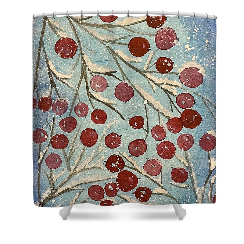 Red Berries Shower Curtain featuring the painting Red Berries in Snow by Lisa Neuman