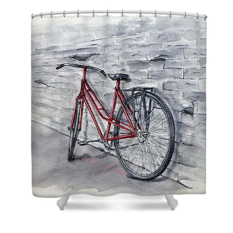 Bicycle Shower Curtain featuring the painting Red Bicycle by Kelly Mills