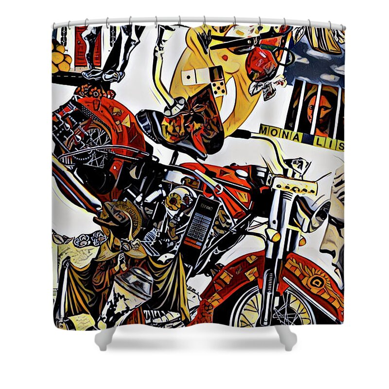 Red Shower Curtain featuring the mixed media Red Biker Momma by Debra Amerson